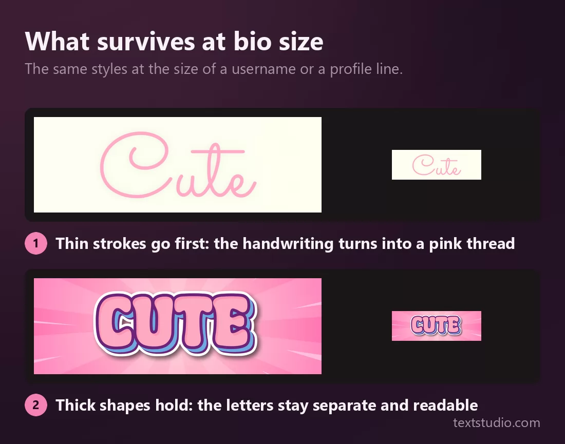 Two cute lettering styles shown large and then small side by side: the thin handwriting fades to a faint pink thread while the bold comic style stays crisp and readable
