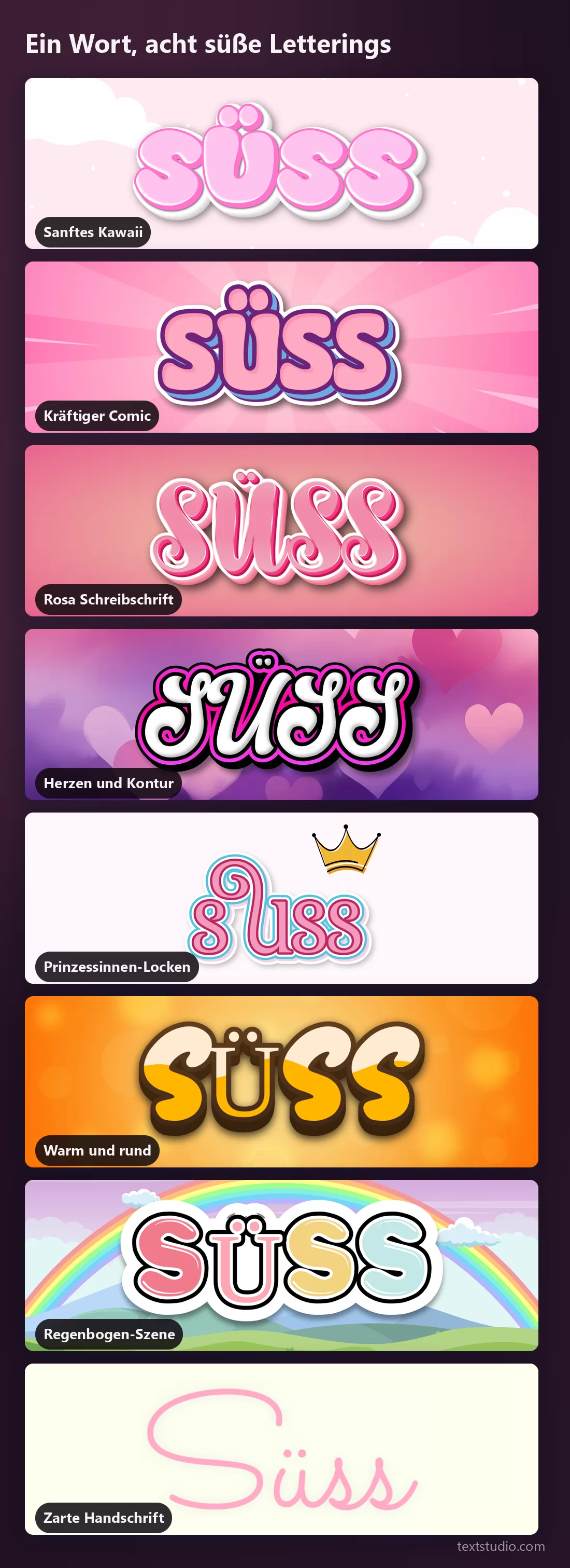 Dasselbe Wort SÜSS in acht süßen Lettering-Stilen, zum Vergleich untereinander angeordnet, von sanftem Kawaii und kräftigem Comic über Schreibschriften und Herzen bis zur Regenbogen-Szene und zur dünnen Handschrift