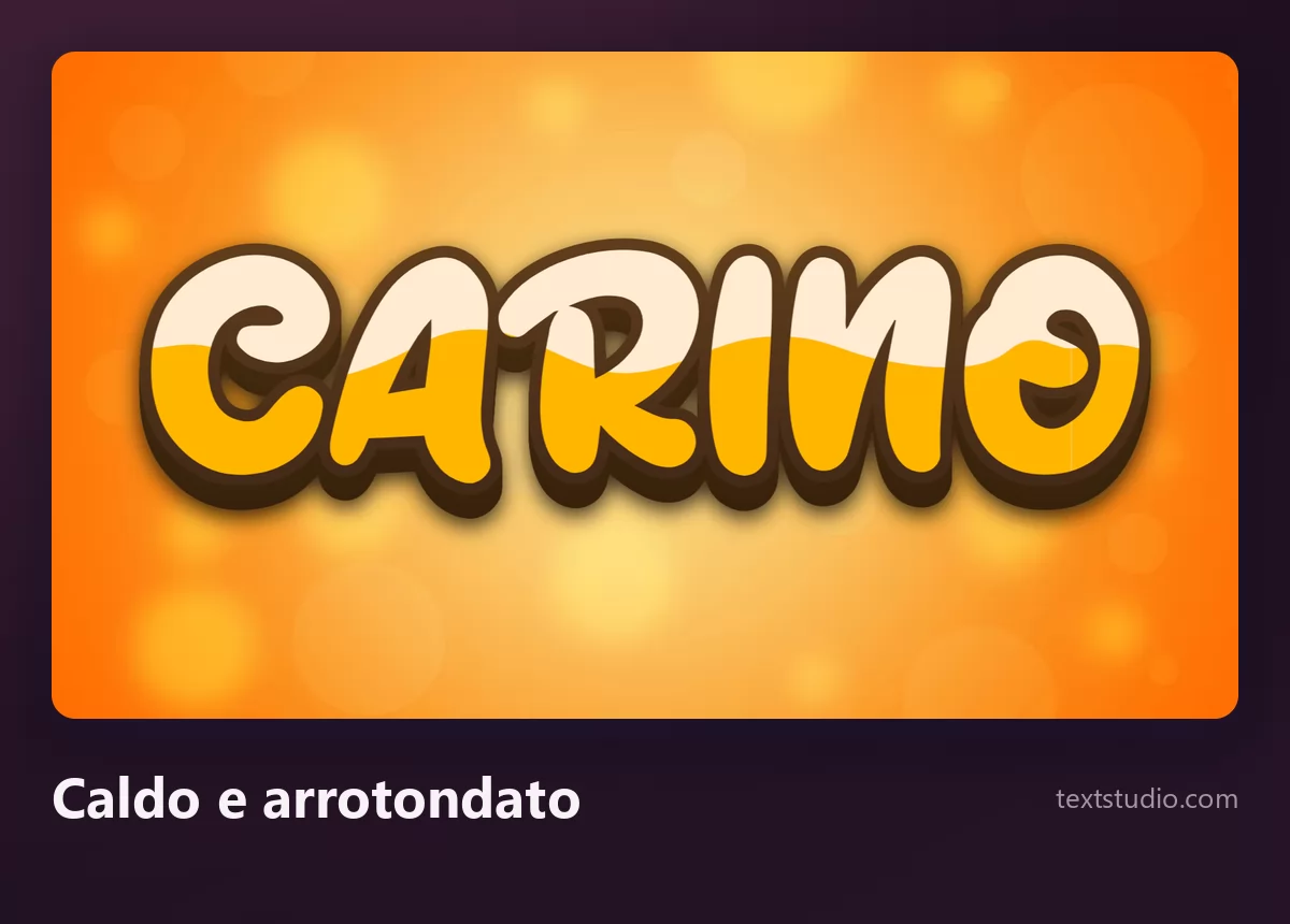 La parola Carino in lettere arrotondate panna e arancione con un contorno marrone spesso su uno sfondo arancione acceso