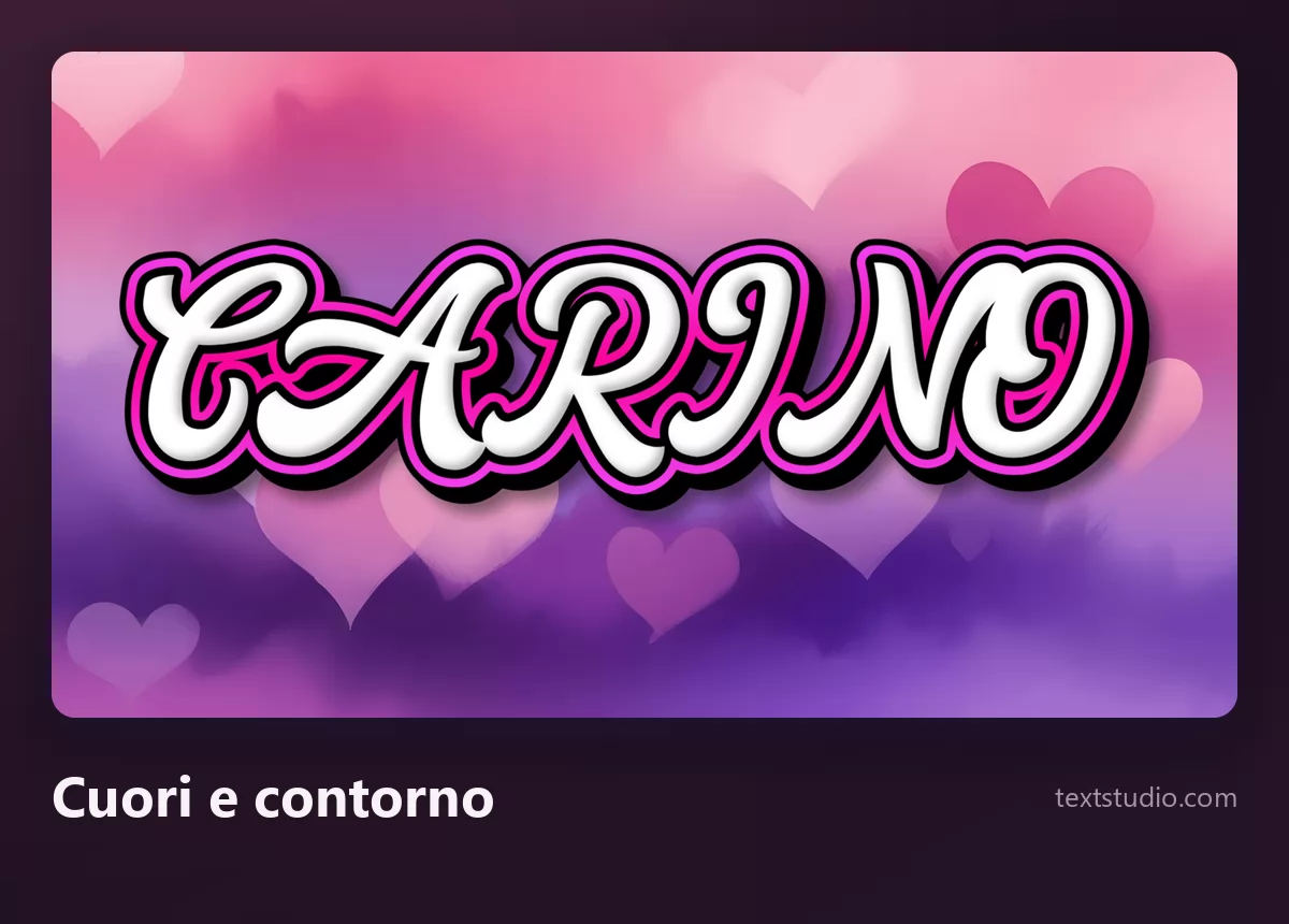 La parola Carino in lettere corsive bianche con contorno scuro su uno sfondo viola cosparso di cuori morbidi