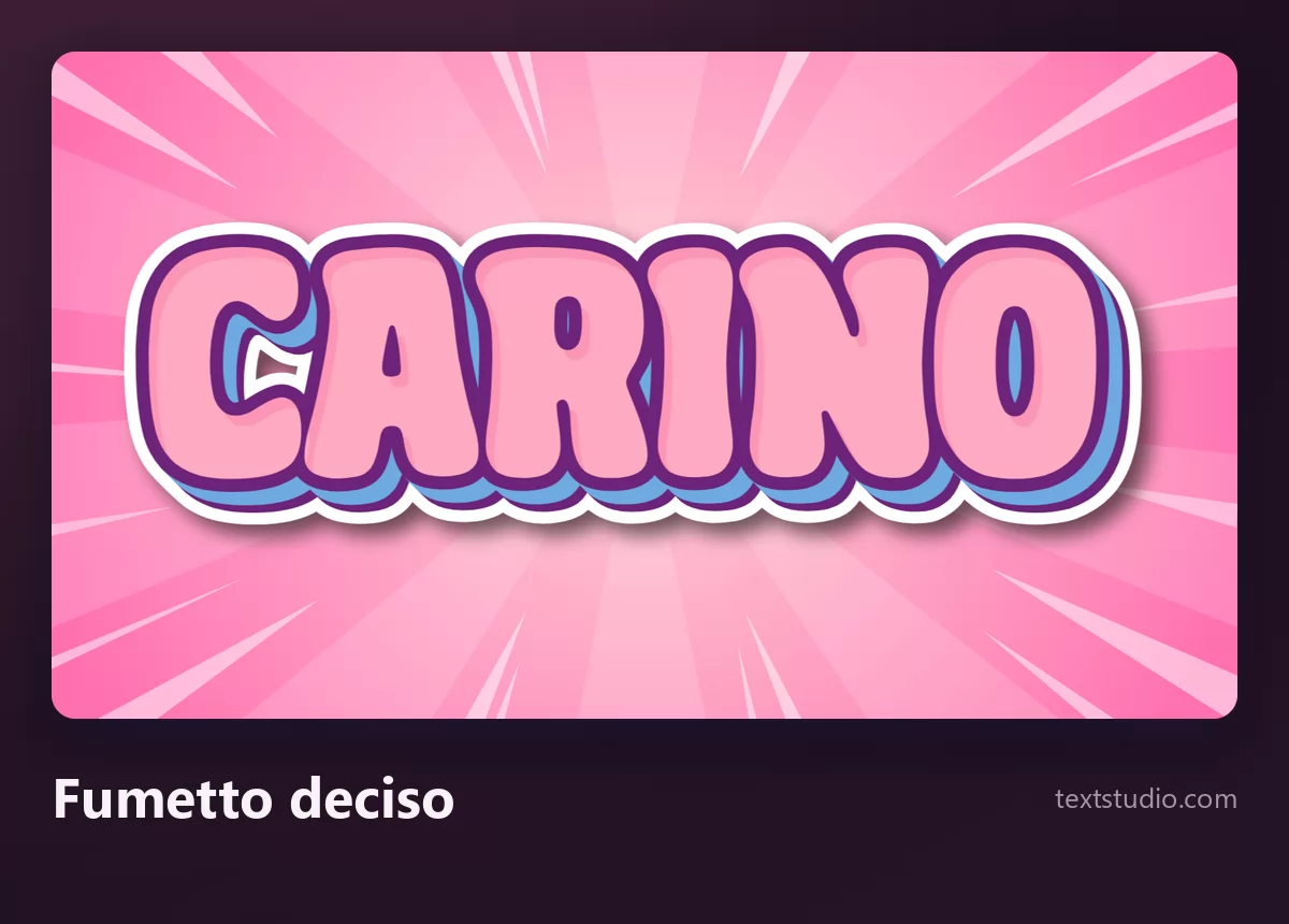La parola Carino in un lettering a fumetto deciso, lettere rosa con contorni spessi viola e bianchi su un'esplosione radiale rosa acceso