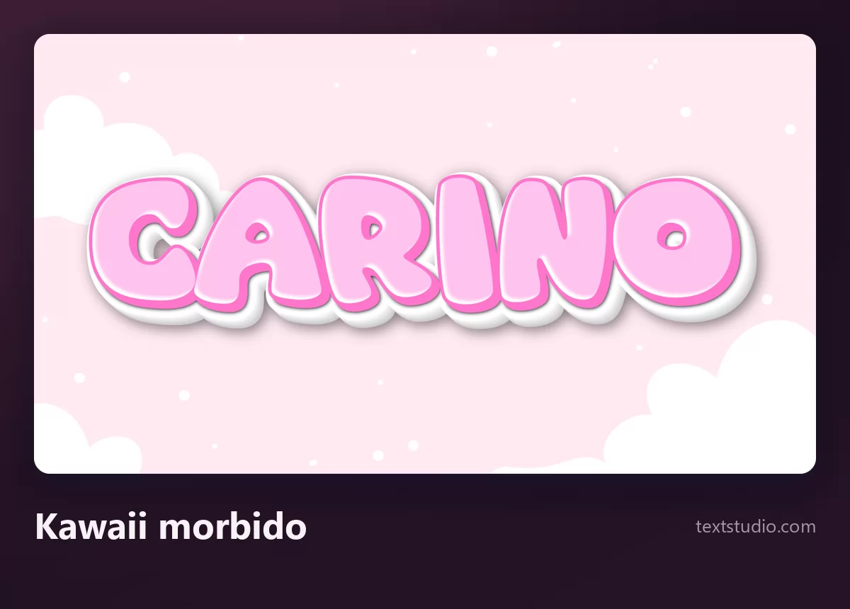 La parola Carino in un lettering kawaii morbido, lettere arrotondate rosa pallido con contorno bianco su un cielo chiaro con nuvole