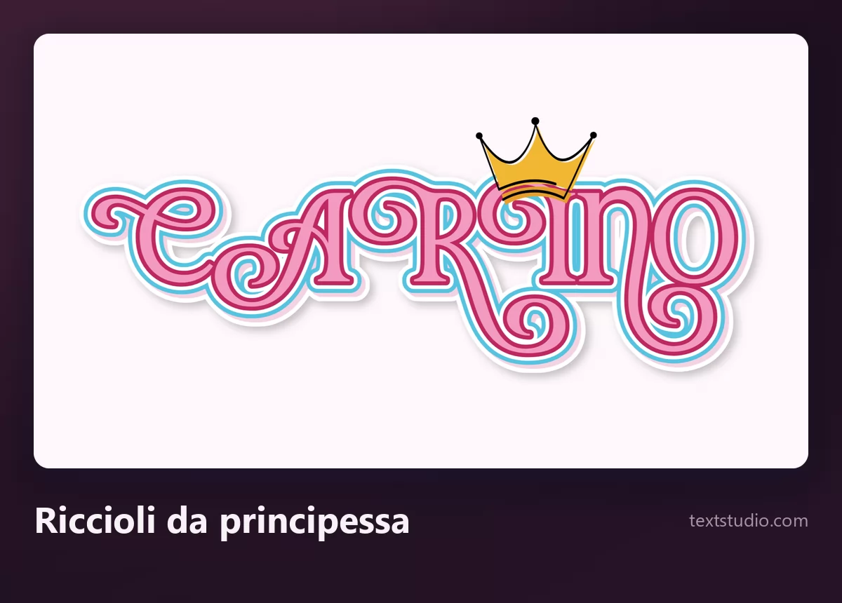 La parola Carino in lettere sottili con contorno, riccioli decorativi a spirale e una piccola corona dorata sopra la parola