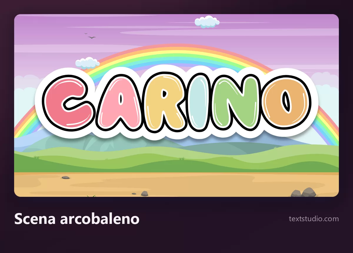 La parola Carino in lettere arrotondate pastello, ognuna di un colore diverso, con contorno nero e bordo bianco da adesivo, su uno sfondo illustrato con arcobaleno e colline