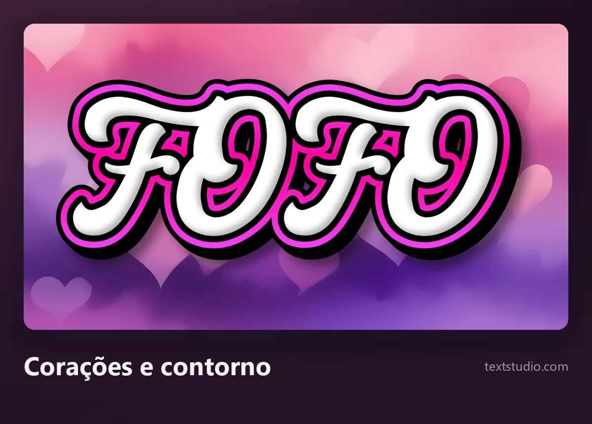 A palavra Fofo em letras brancas de cursiva com contorno escuro sobre um fundo roxo salpicado de corações suaves