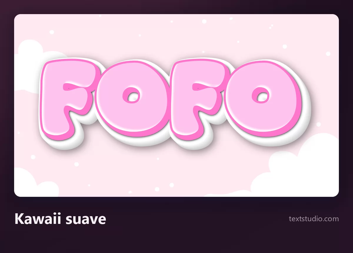 A palavra Fofo em lettering kawaii suave, letras arredondadas rosa-claro com contorno branco sobre um céu claro com nuvens