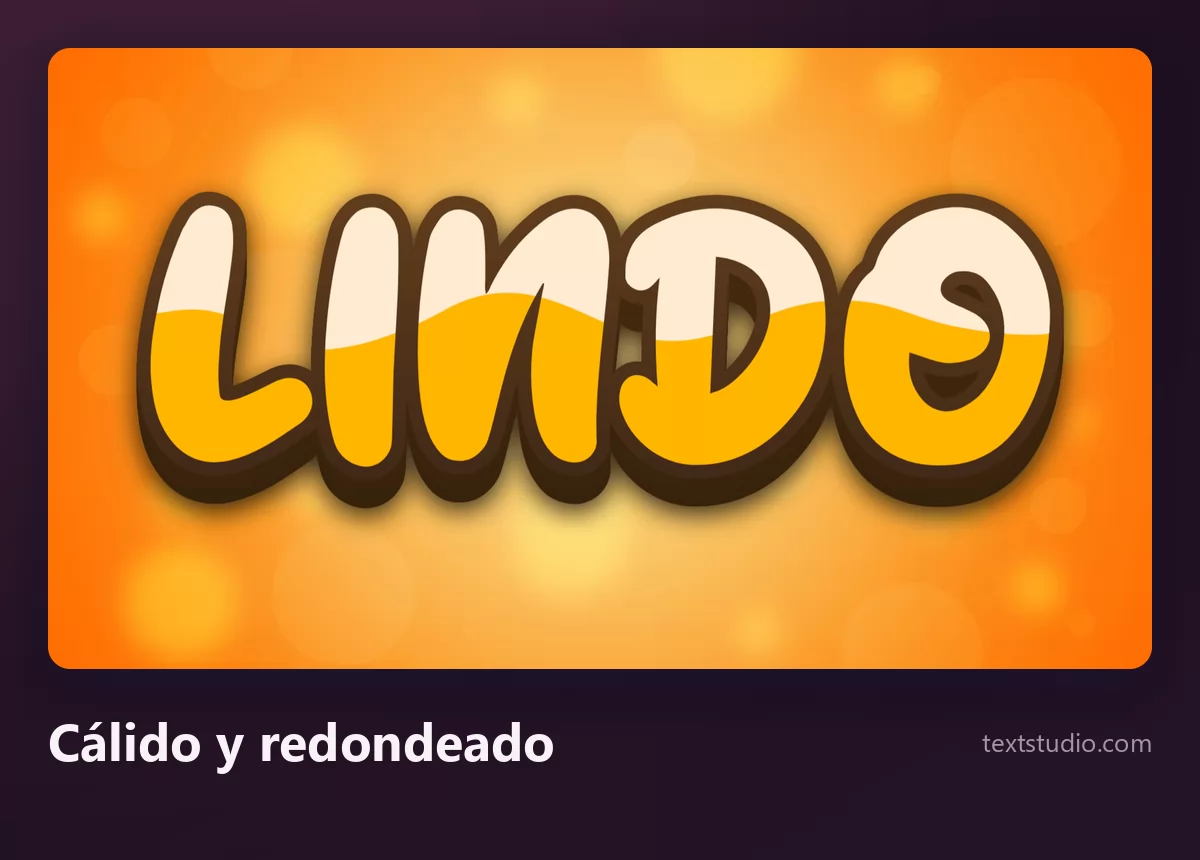 La palabra Lindo en letras redondeadas de color crema y naranja con un contorno marrón grueso sobre un fondo naranja intenso