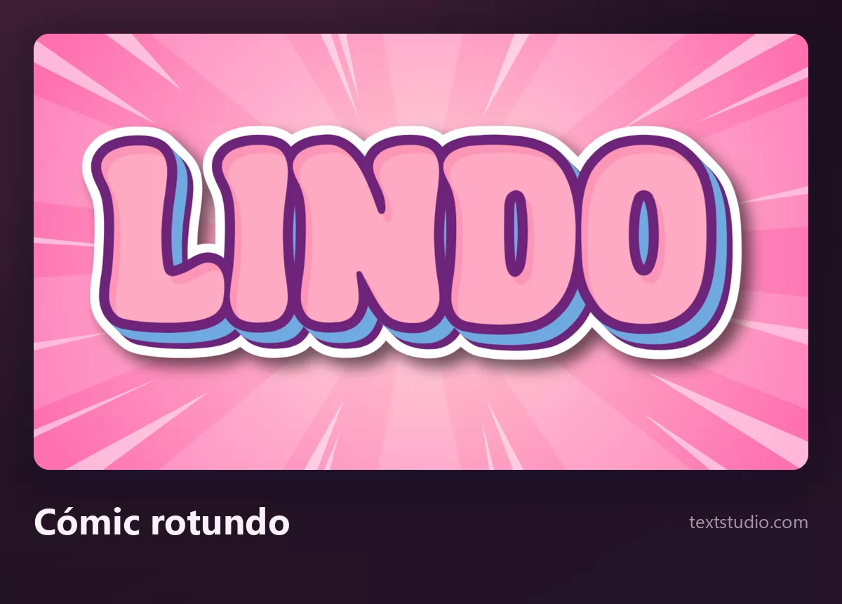 La palabra Lindo en lettering de cómic rotundo, letras rosas con contornos gruesos morados y blancos sobre un estallido radial de rosa intenso
