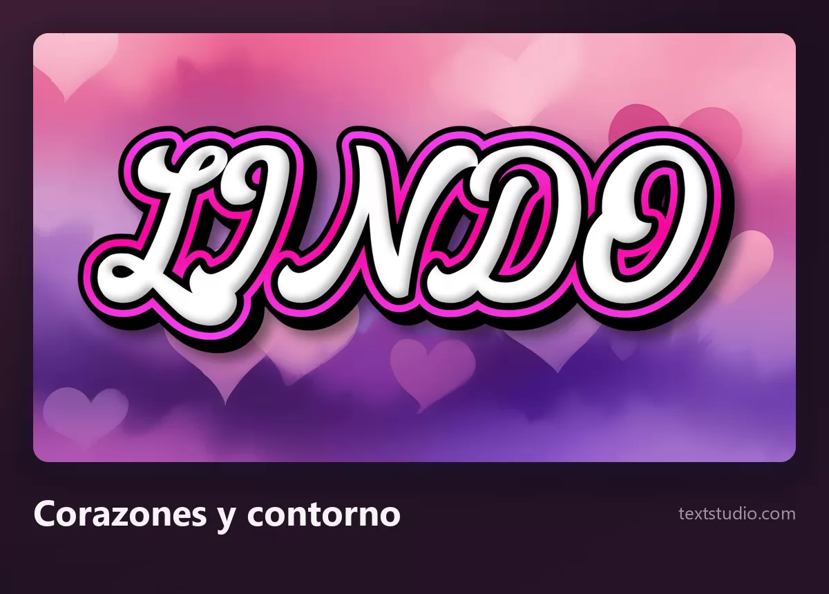 La palabra Lindo en letras cursivas blancas con contorno oscuro sobre un fondo morado salpicado de corazones suaves