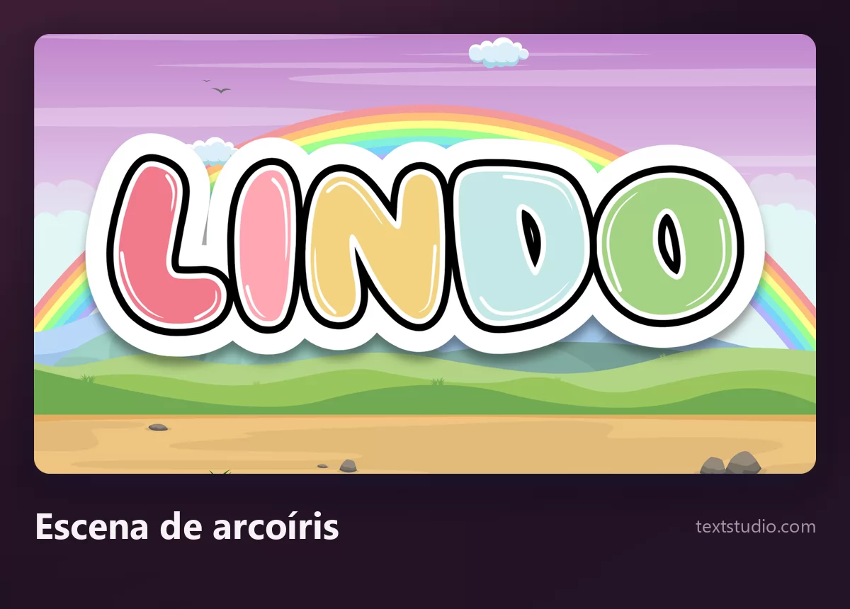 La palabra Lindo en letras redondeadas de colores pastel, cada una de un color, con contorno negro y borde blanco de pegatina, sobre un fondo ilustrado de arcoíris y colinas