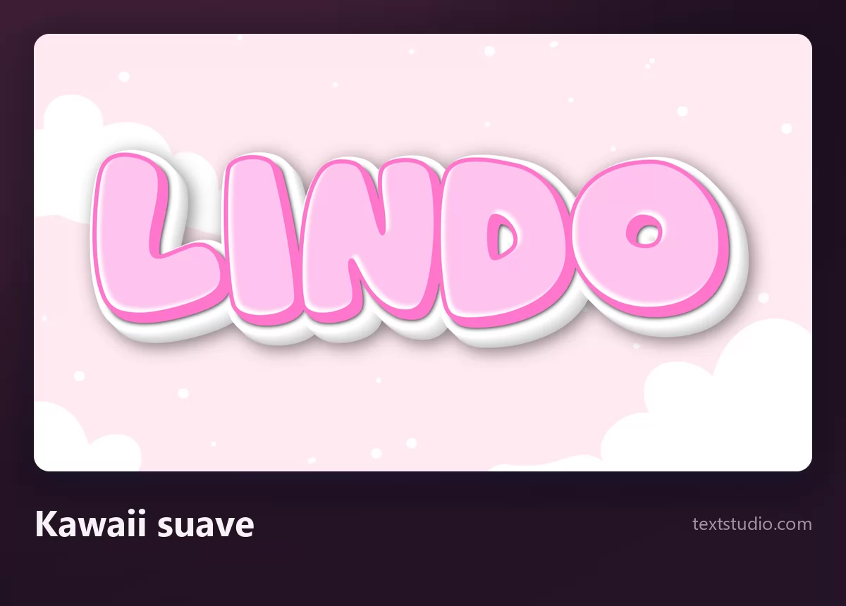 La palabra Lindo en lettering kawaii suave, letras de rosa pálido y redondeadas con contorno blanco sobre un cielo claro con nubes