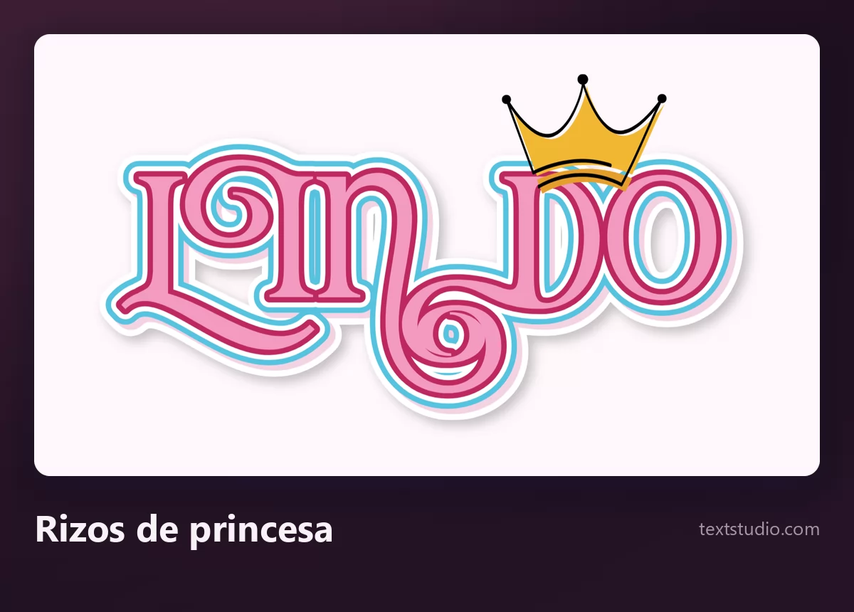 La palabra Lindo en letras de contorno fino con rizos decorativos en espiral y una corona dorada pequeña encima de la palabra