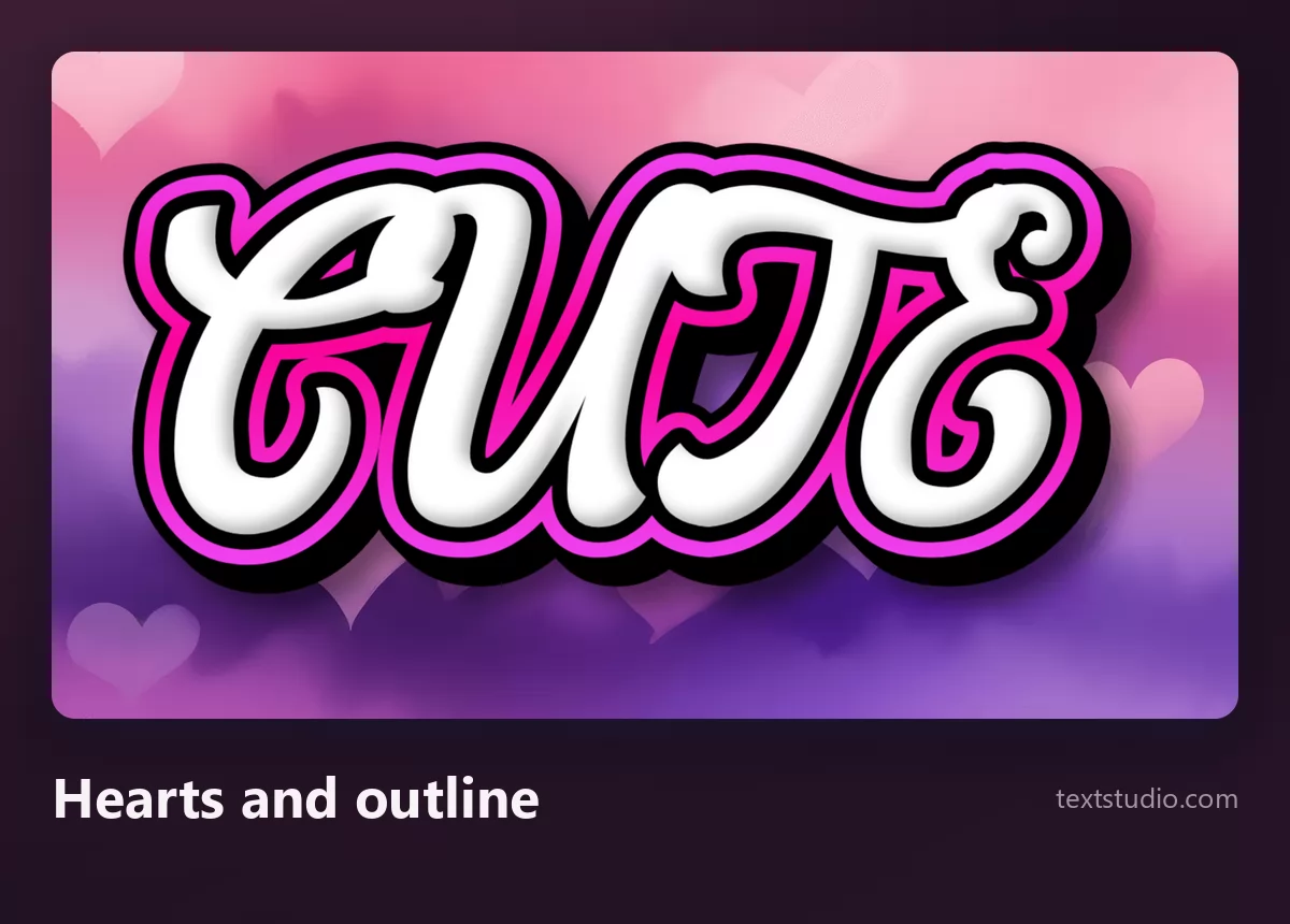 The word Cute in white script letters with a dark outline set over a purple background scattered with soft hearts