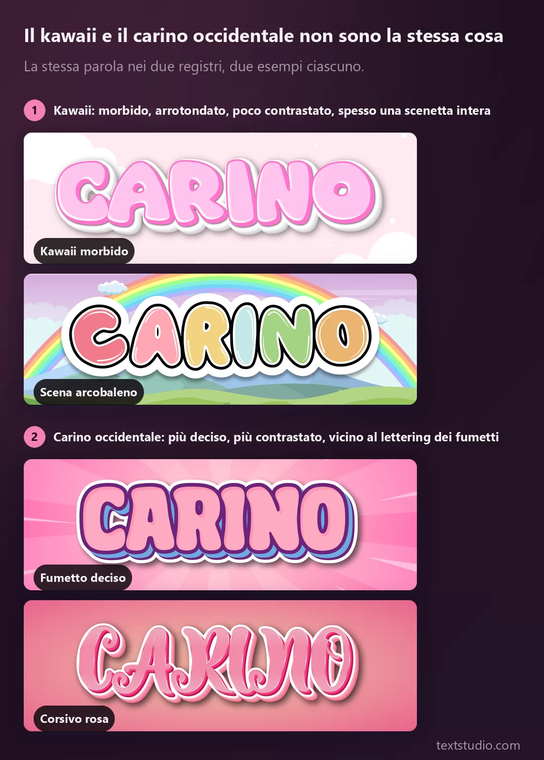 Quattro campioni di lettering carino divisi in due gruppi: la coppia kawaii è morbida, arrotondata e poco contrastata su fondi pastello con paesaggi, la coppia occidentale è più decisa, con contorni marcati su un'esplosione rosa acceso