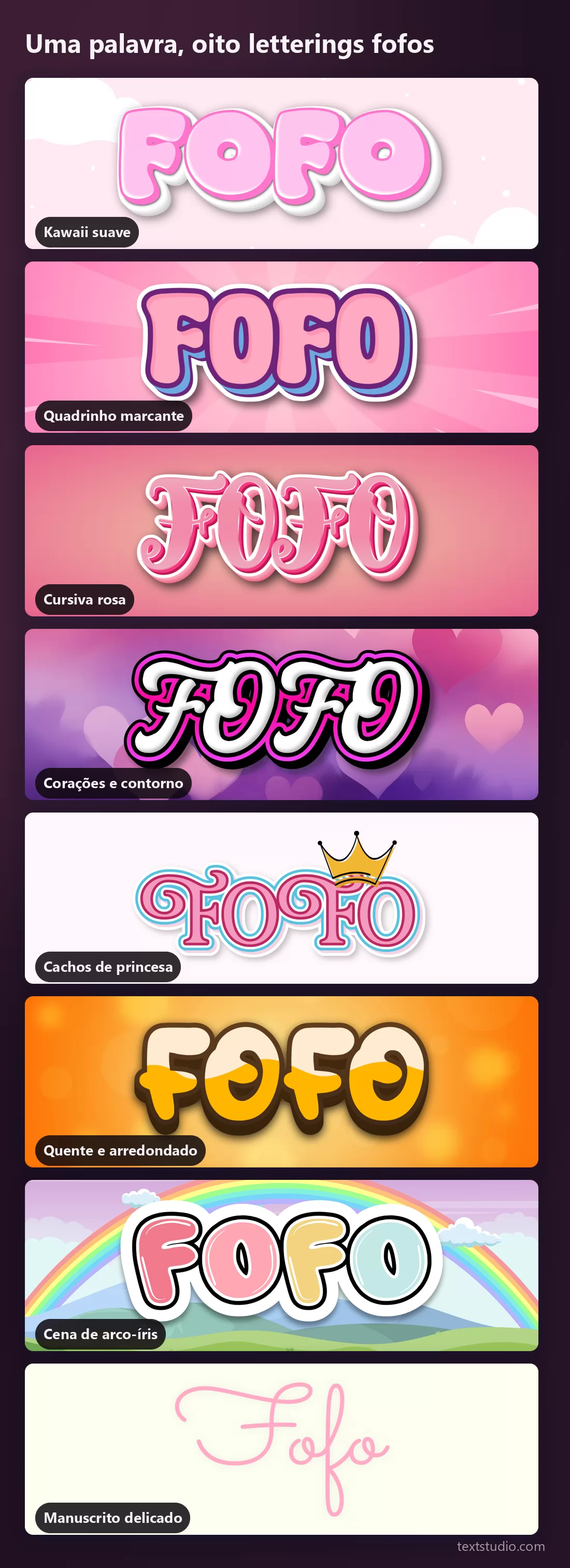 A mesma palavra em oito estilos de lettering fofo empilhados para comparação, do kawaii suave e do quadrinho marcante às cursivas e aos corações, até a cena de arco-íris e o manuscrito fino
