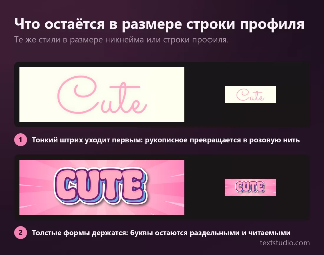 Два милых начертания показаны рядом крупно и мелко: тонкое рукописное тает в бледную розовую нить, а плотный комиксовый стиль остаётся чётким и читаемым