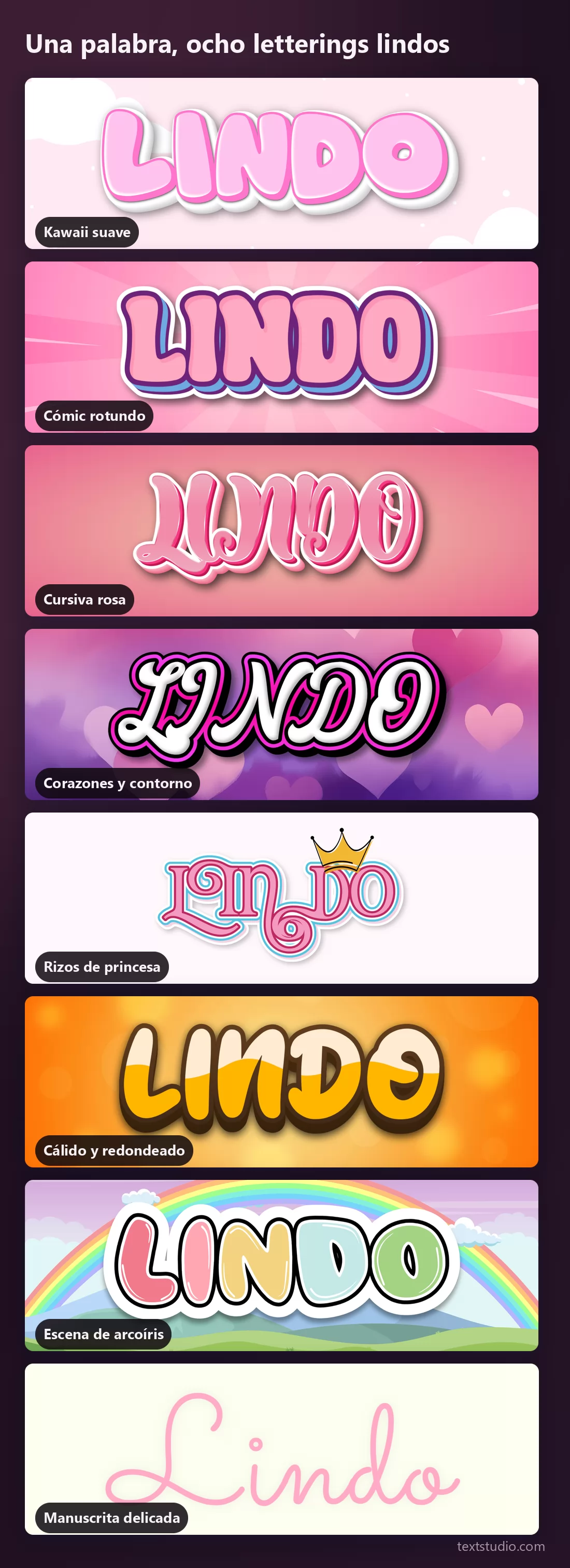 La misma palabra en ocho estilos de lettering lindo apilados para compararlos, del kawaii suave y el cómic rotundo a las cursivas y los corazones, la escena de arcoíris y la manuscrita fina