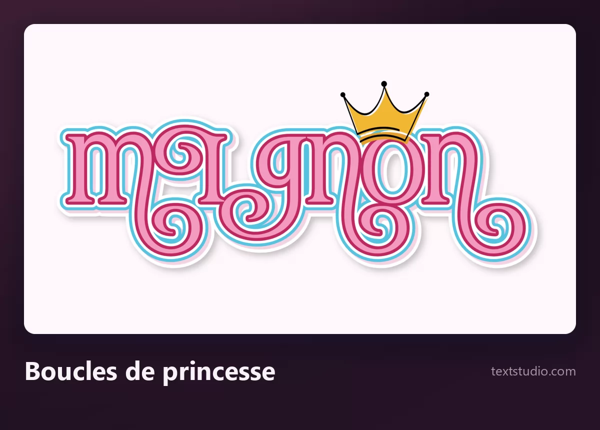 Le mot Mignon en lettres fines cernées avec des boucles décoratives en spirale et une petite couronne dorée au-dessus du mot