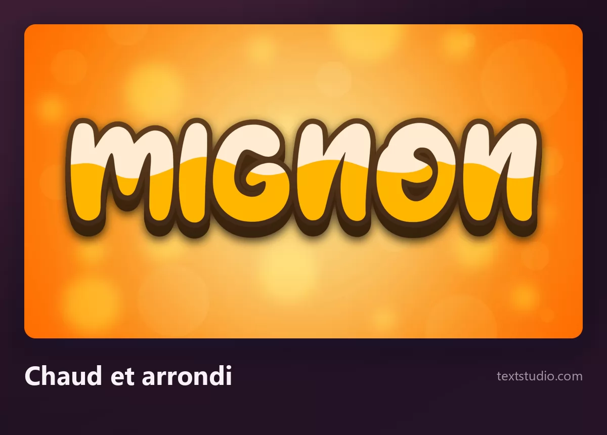 Le mot Mignon en lettres arrondies crème et orange chaud avec un gros contour brun sur un fond orange vif