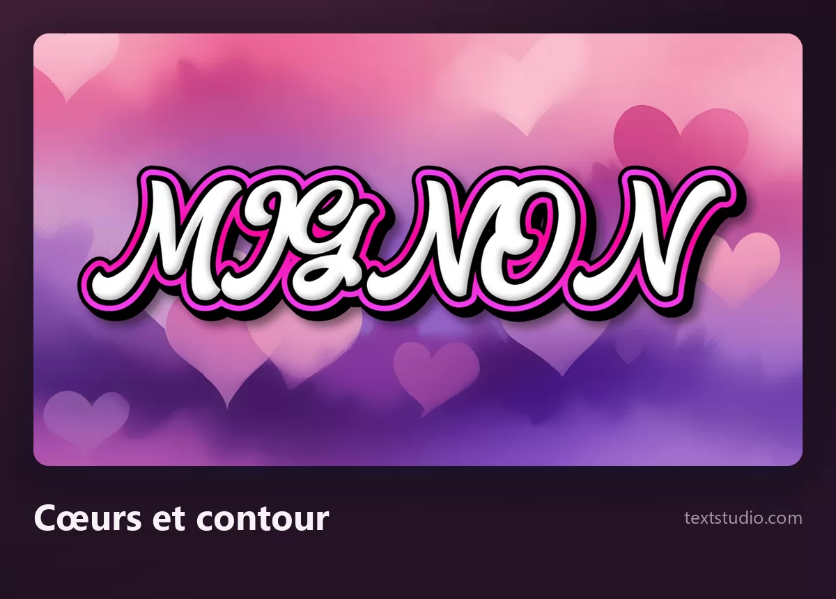 Le mot Mignon en lettres blanches cursives avec un contour sombre, posé sur un fond violet parsemé de cœurs doux