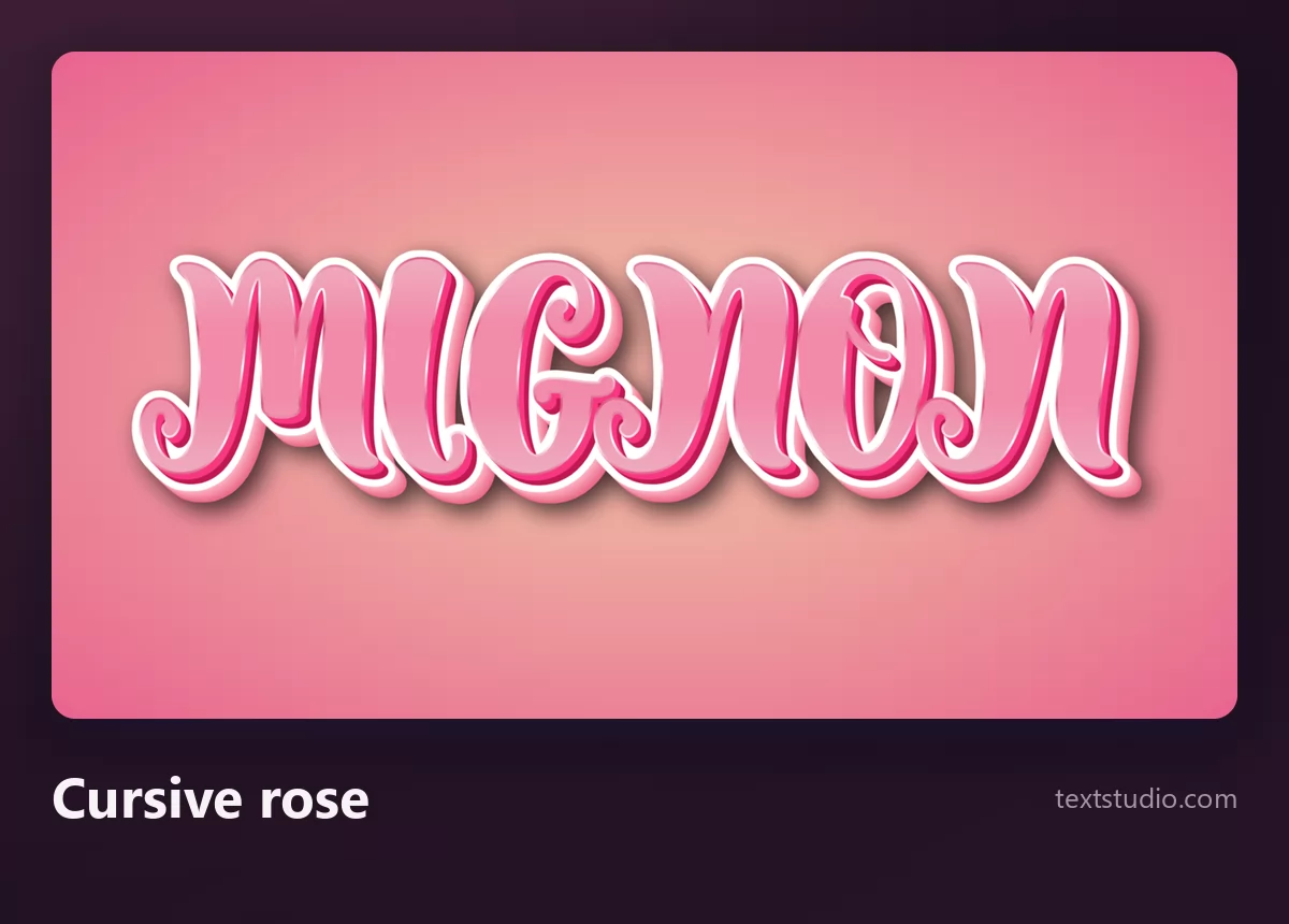 Le mot Mignon dans une cursive rose en trois dimensions, lettres liées et ombre douce sur un fond rosé