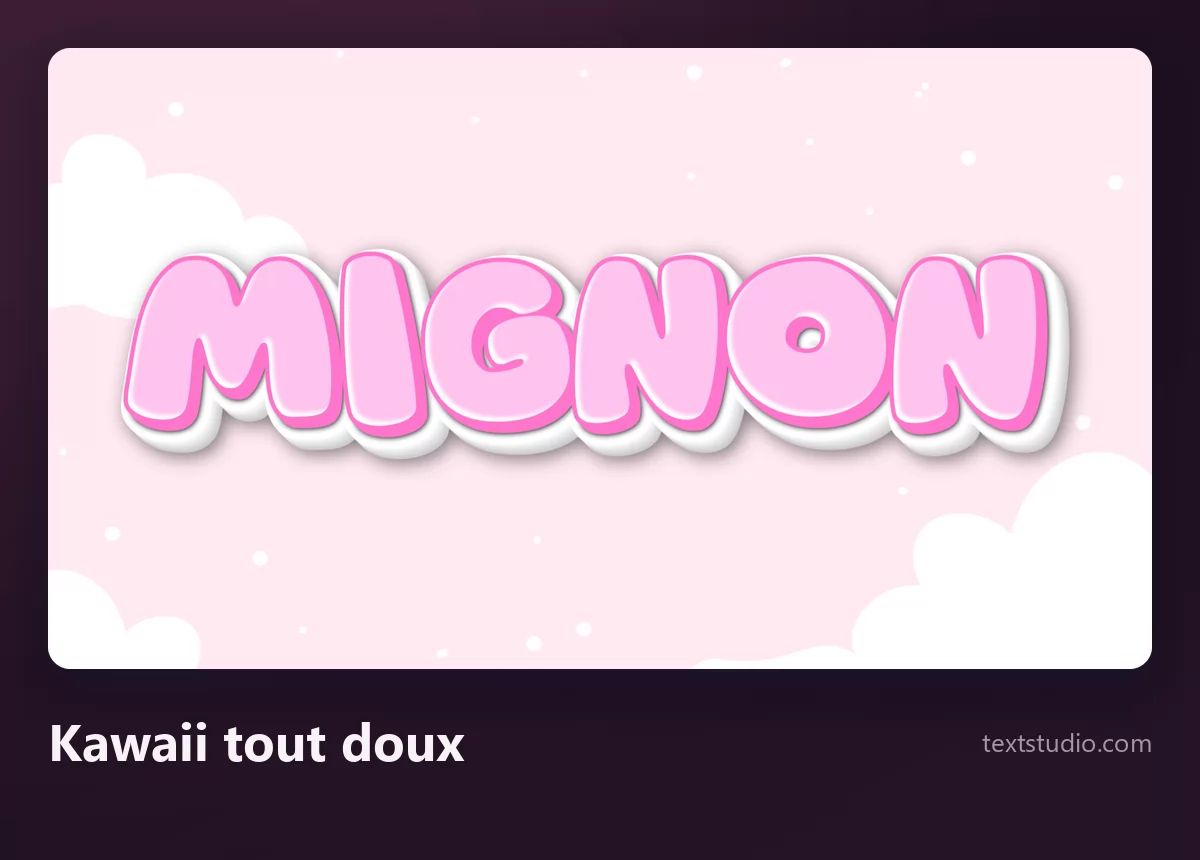 Le mot Mignon en lettrage kawaii tout doux, lettres arrondies rose pâle avec un contour blanc sur un ciel pâle parsemé de nuages