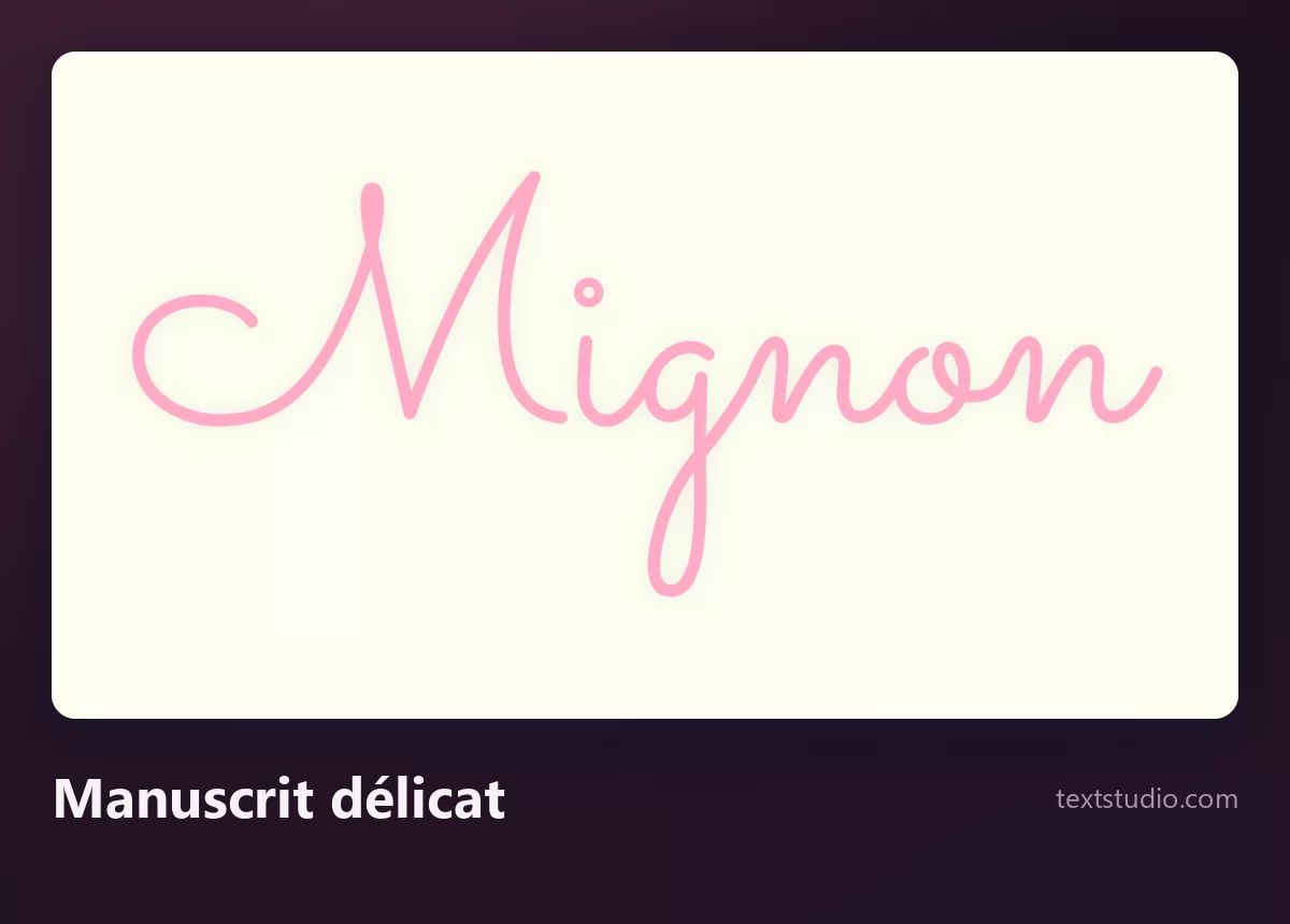 Le mot Mignon dans une cursive manuscrite rose très fine et d'épaisseur constante sur un fond crème