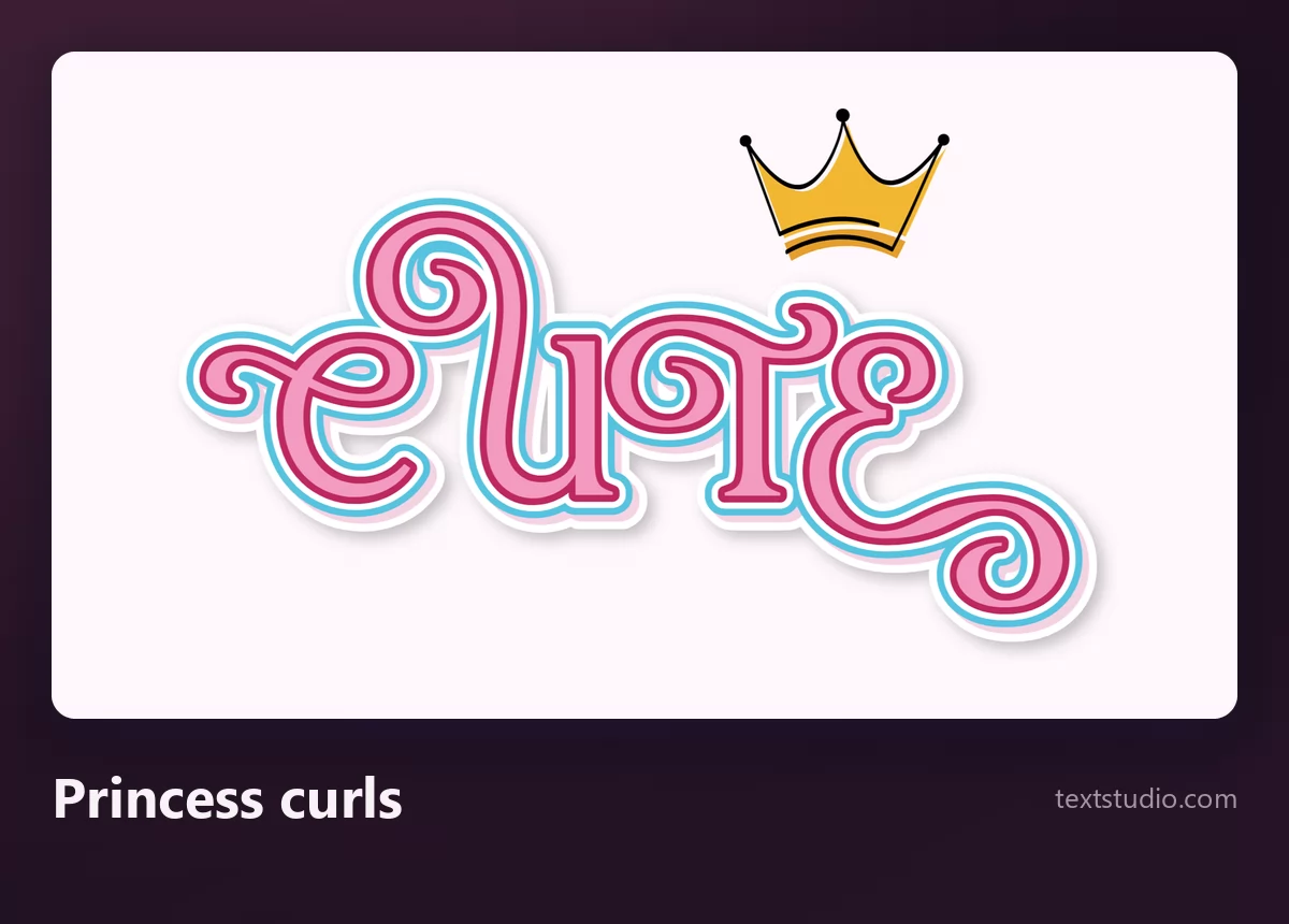 The word Cute in thin outlined letters with decorative spiralling curls and a small gold crown above the word