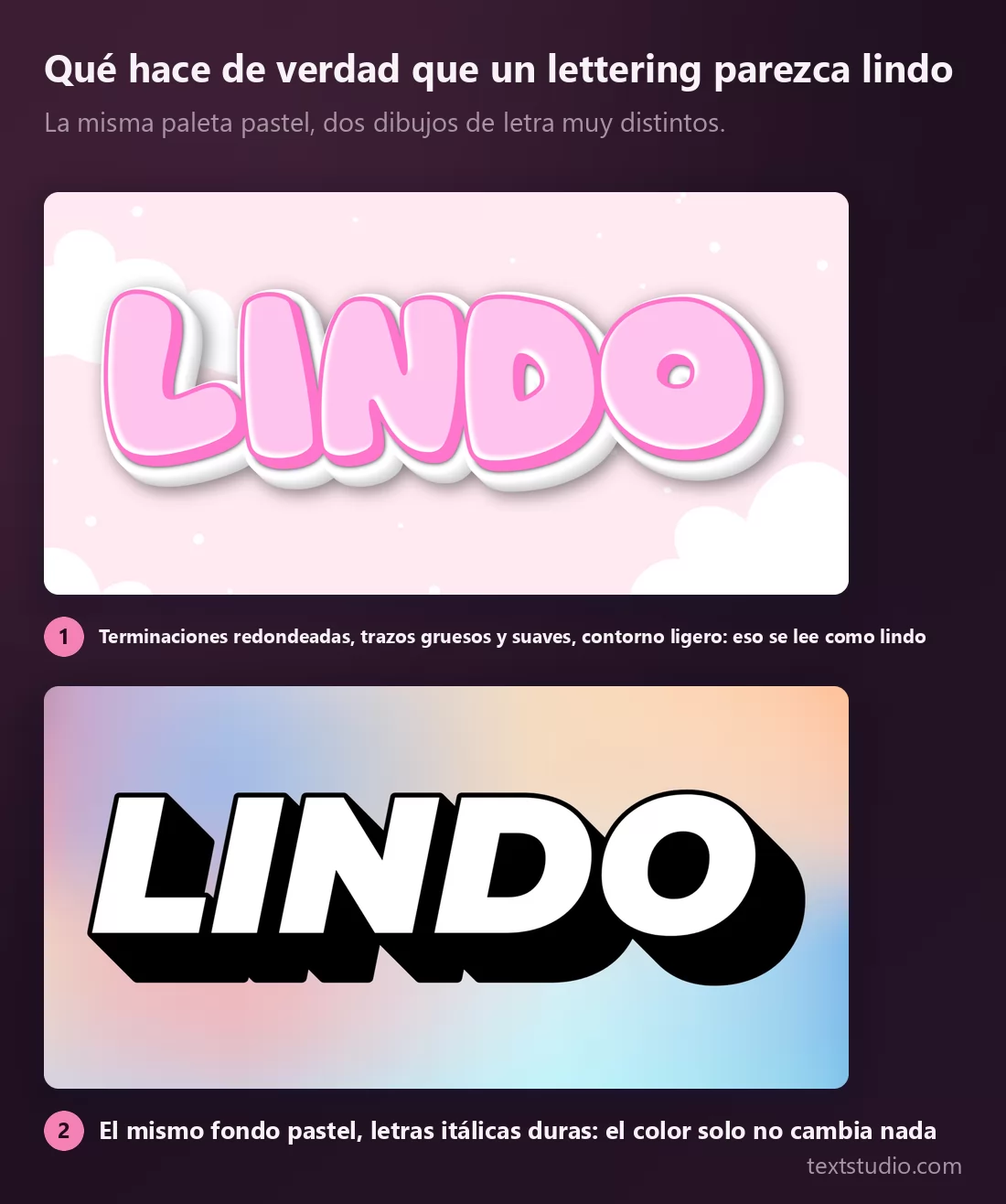 La misma paleta pastel dos veces: unas letras rosas redondeadas y suaves sobre un fondo de nubes se leen como algo lindo, mientras que unas letras itálicas duras sobre un degradado pastel se leen como algo deportivo y agresivo