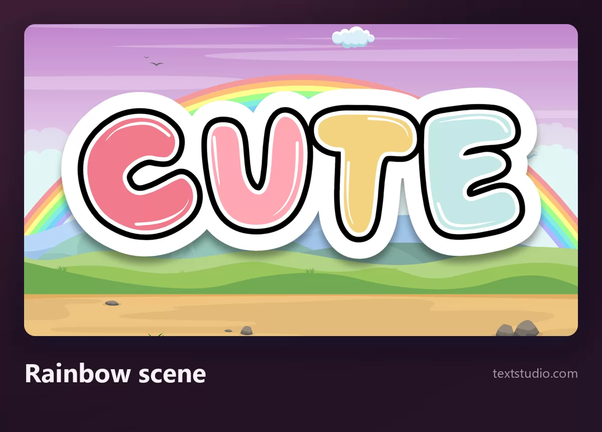 The word Cute in rounded pastel letters each a different colour, outlined in black with a white sticker edge, on an illustrated rainbow and hills background