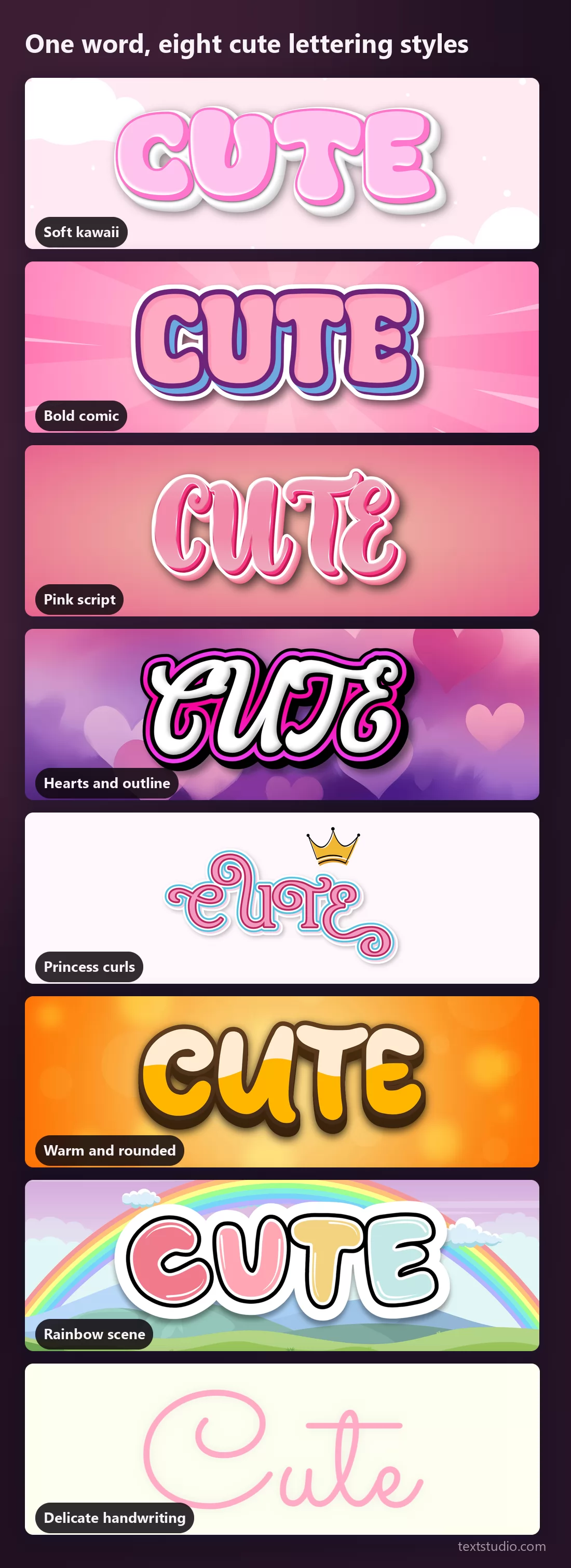 The same word in eight cute lettering styles stacked for comparison, from soft kawaii and bold comic through scripts and hearts to a rainbow scene and thin handwriting