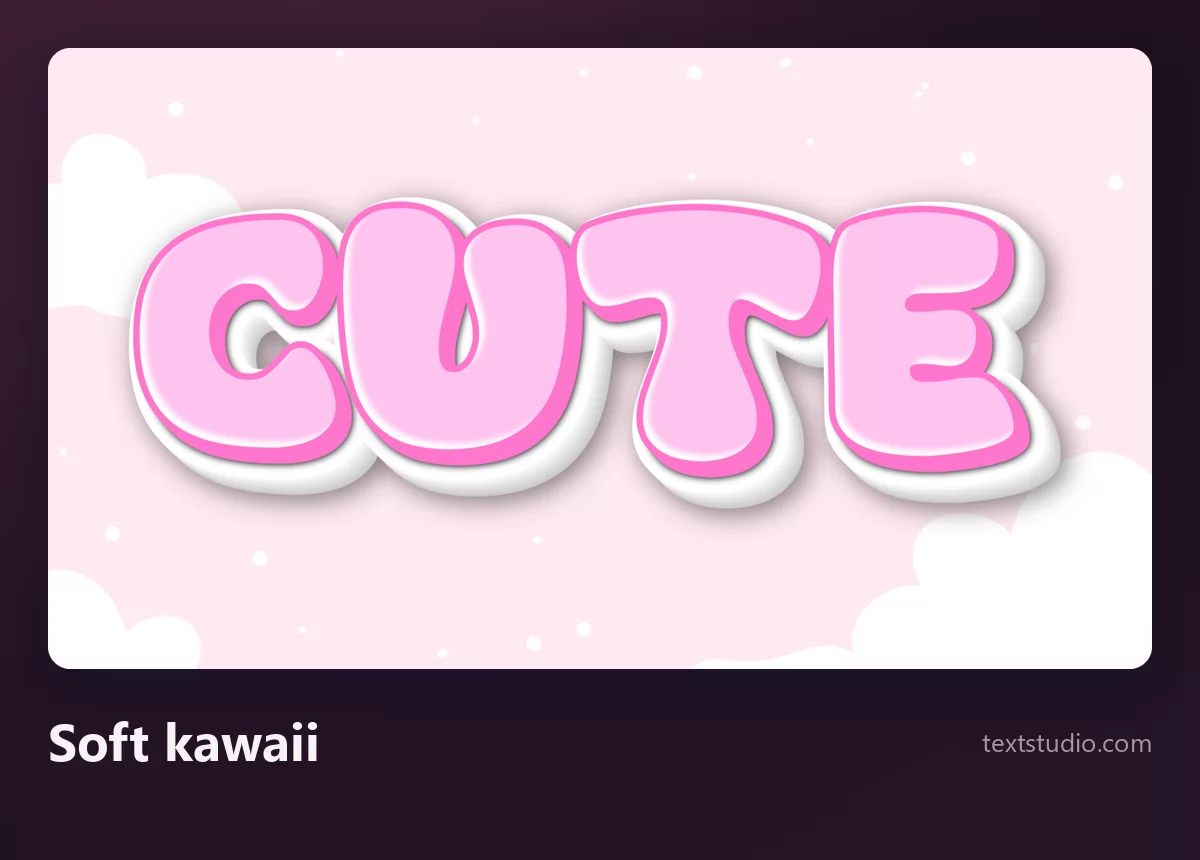 The word Cute in soft kawaii lettering, pale pink rounded letters with a white outline on a pale sky with clouds