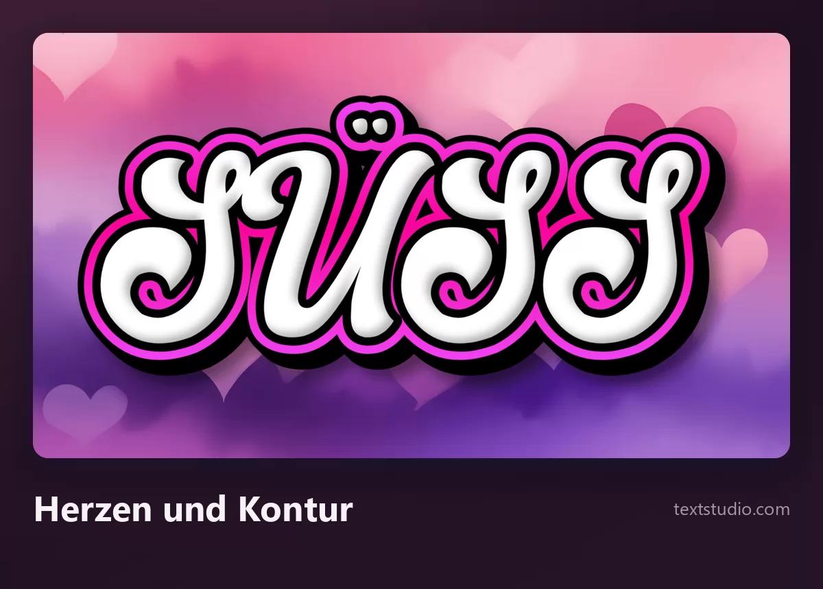 Das Wort SÜSS in weißen Schreibschriftbuchstaben mit dunkler Kontur auf einem violetten Hintergrund voller weicher Herzen