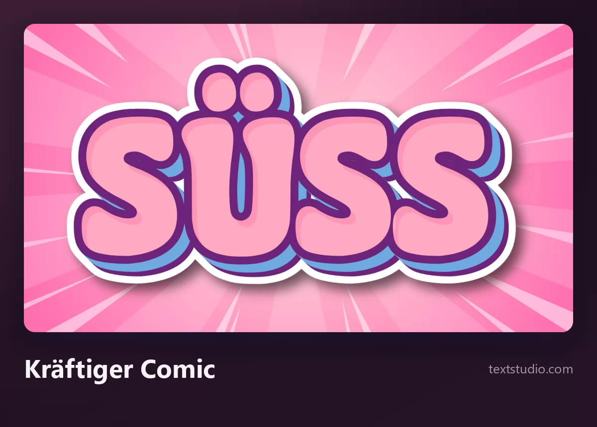 Das Wort SÜSS in kräftigem Comic-Lettering, rosa Buchstaben mit dicken violetten und weißen Konturen über einem leuchtend rosa Strahlenkranz