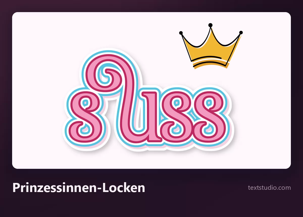 Das Wort SÜSS in dünn konturierten Buchstaben mit verspielten Schnörkellocken und einer kleinen goldenen Krone über dem Wort