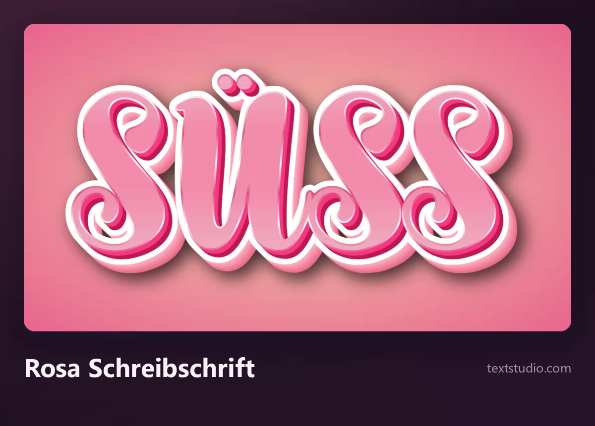 Das Wort SÜSS in einer rosa dreidimensionalen Schreibschrift mit verbundenen Buchstaben und weichem Schatten auf rosafarbenem Hintergrund