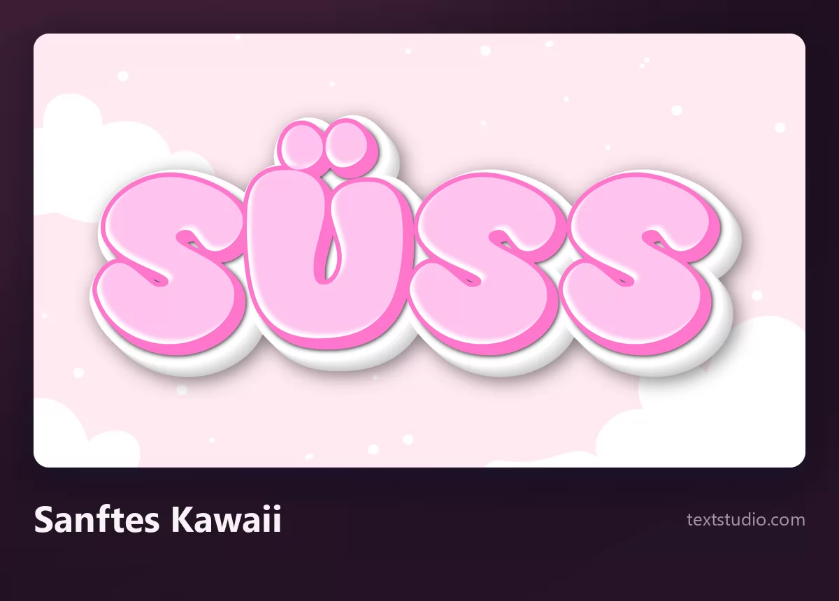 Das Wort SÜSS in sanftem Kawaii-Lettering, blassrosa gerundete Buchstaben mit weißer Kontur an einem hellen Himmel mit Wolken