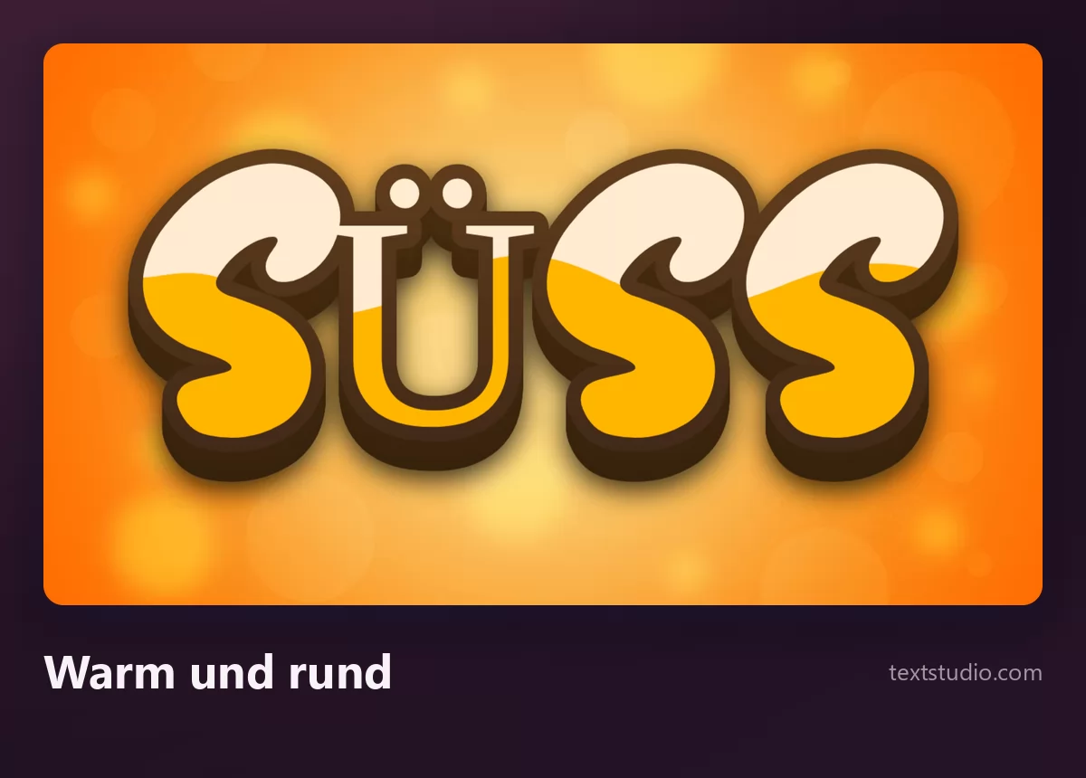 Das Wort SÜSS in warmen cremefarbenen und orangefarbenen runden Buchstaben mit dicker brauner Kontur auf leuchtend orangem Hintergrund