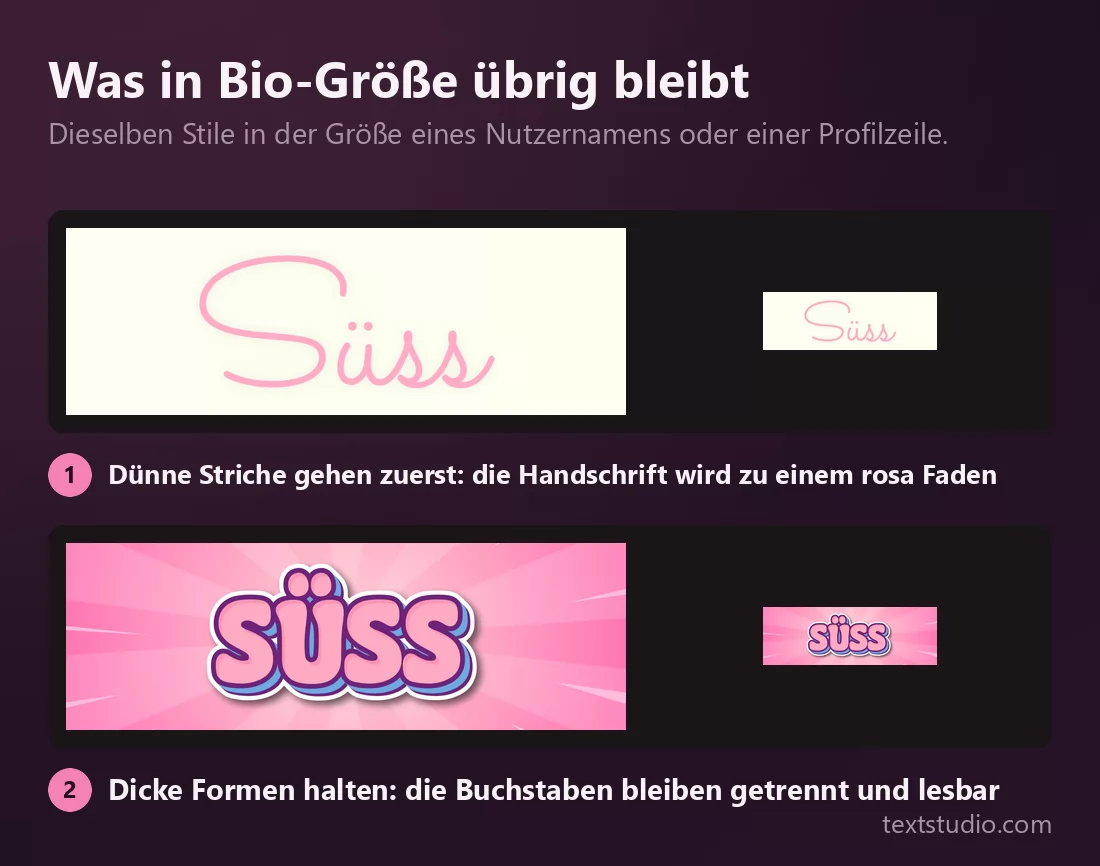 Zwei süße Lettering-Stile groß und daneben klein gezeigt: die dünne Handschrift verblasst zu einem schwachen rosa Faden, während der kräftige Comic-Stil scharf und lesbar bleibt