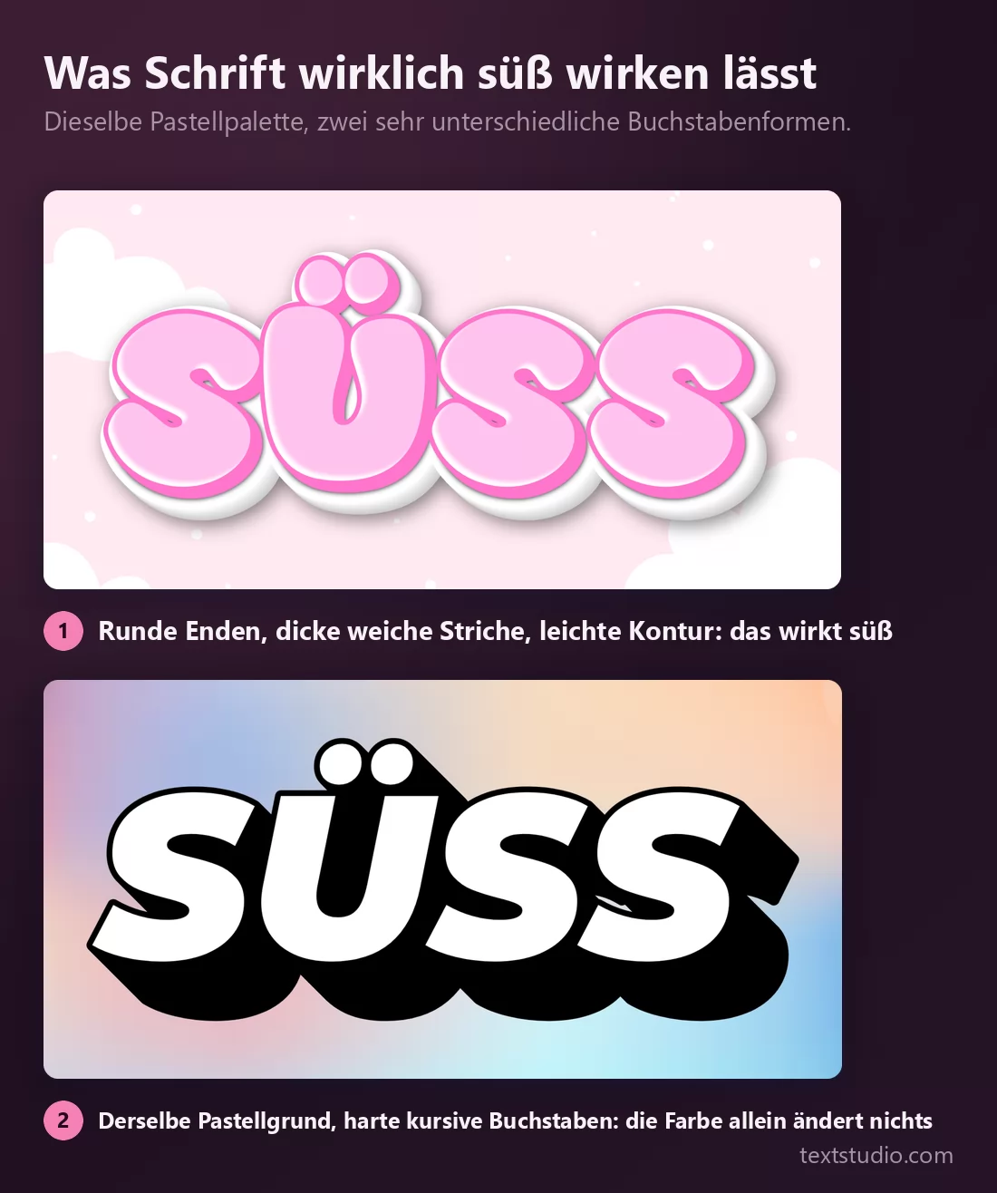 Dieselbe Pastellpalette zweimal: weiche runde rosa Buchstaben auf einem Wolkenhintergrund wirken süß, harte kursive Buchstaben auf einem Pastellverlauf dagegen sportlich und aggressiv