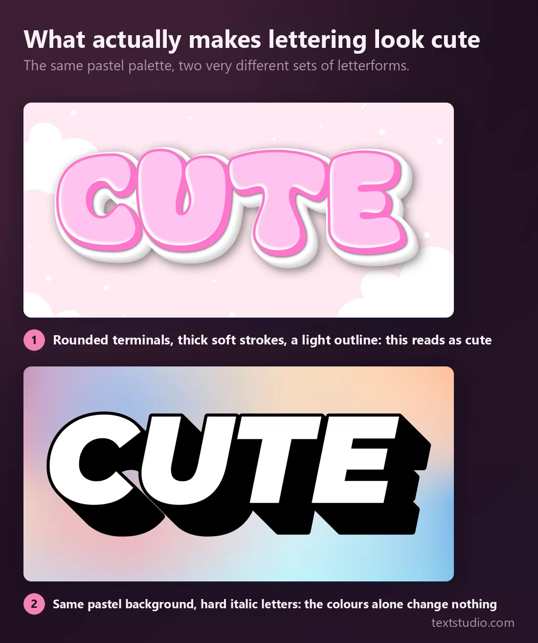 The same pastel palette twice: soft rounded pink letters on a cloud background read as cute, while hard italic letters on a pastel gradient read as sporty and aggressive