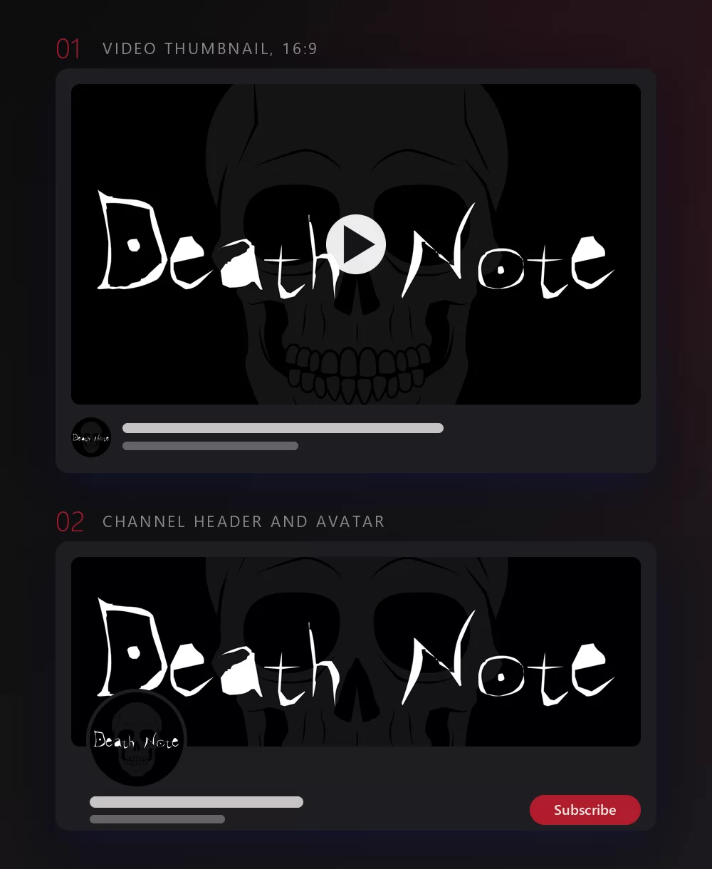 The same lettering shown in two mock-ups: as a video thumbnail with a play button, a round avatar and title bars under it, then as a channel header with the round avatar sitting on the edge of the banner and a subscribe button