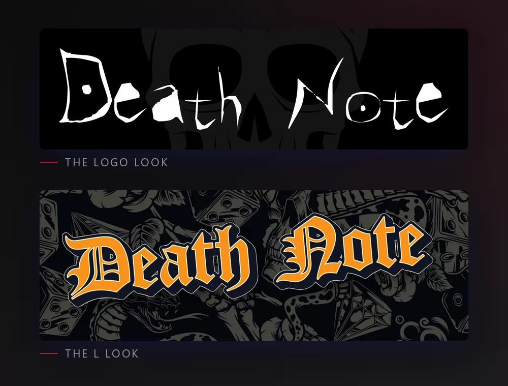 The same words shown twice: first in thin scratched white letters over a skull on black, then in heavy orange blackletter with a dark outline over a tattoo pattern
