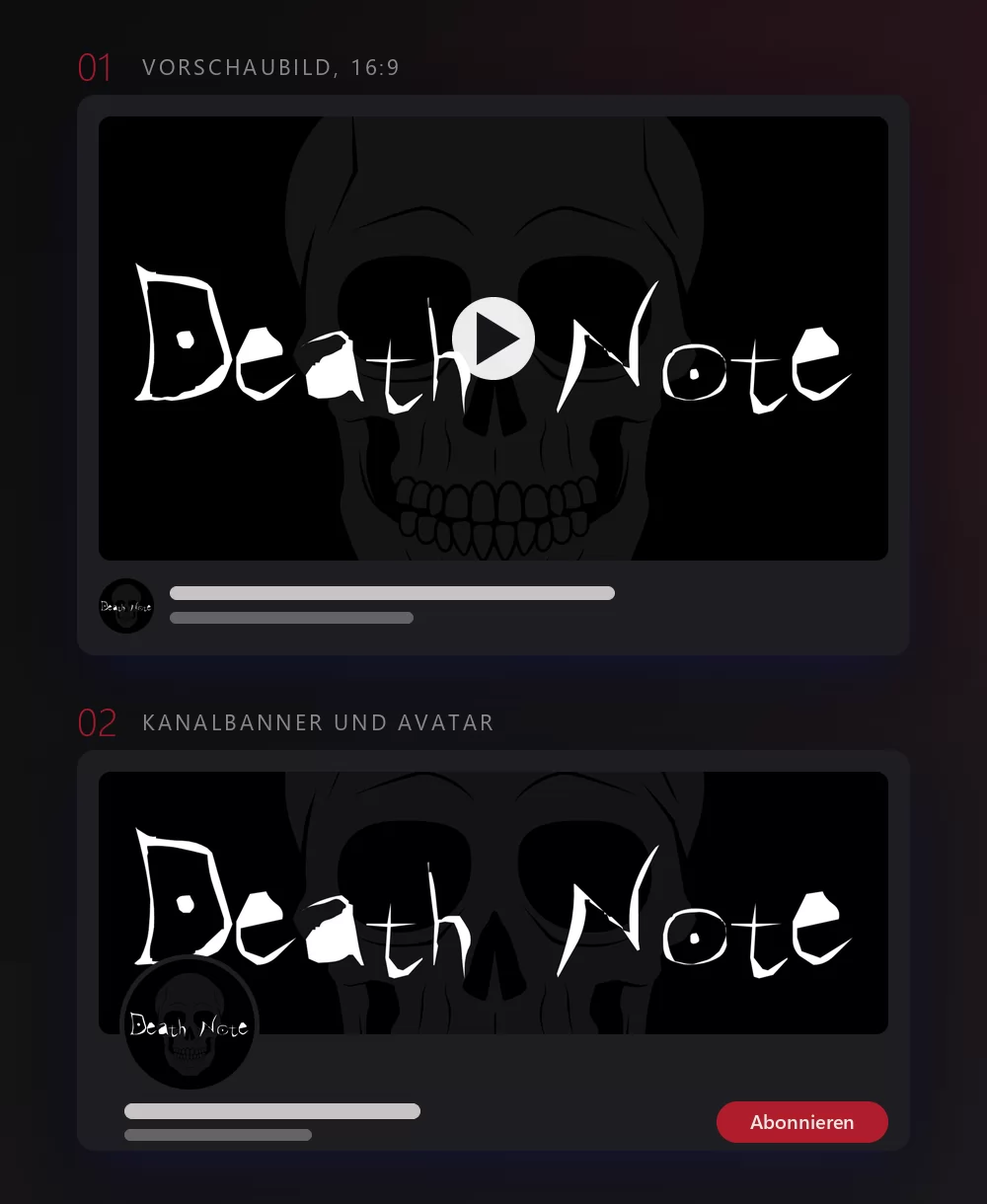 Derselbe Schriftzug in zwei Mock-ups: als Videovorschaubild mit Abspieltaste, rundem Avatar und Titelbalken darunter, dann als Kanalbanner mit dem runden Avatar auf der Bannerkante und einem Abonnieren-Button