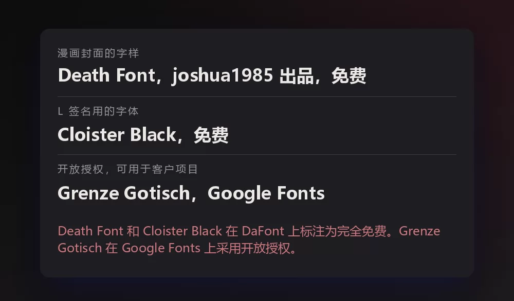 一张列出三款字体及其授权的卡片：joshua1985 的 Death Font 作为漫画封面字样，免费；Cloister Black 作为 L 签名用的字体，免费；以及 Google Fonts 上的 Grenze Gotisch 作为开放授权的选择