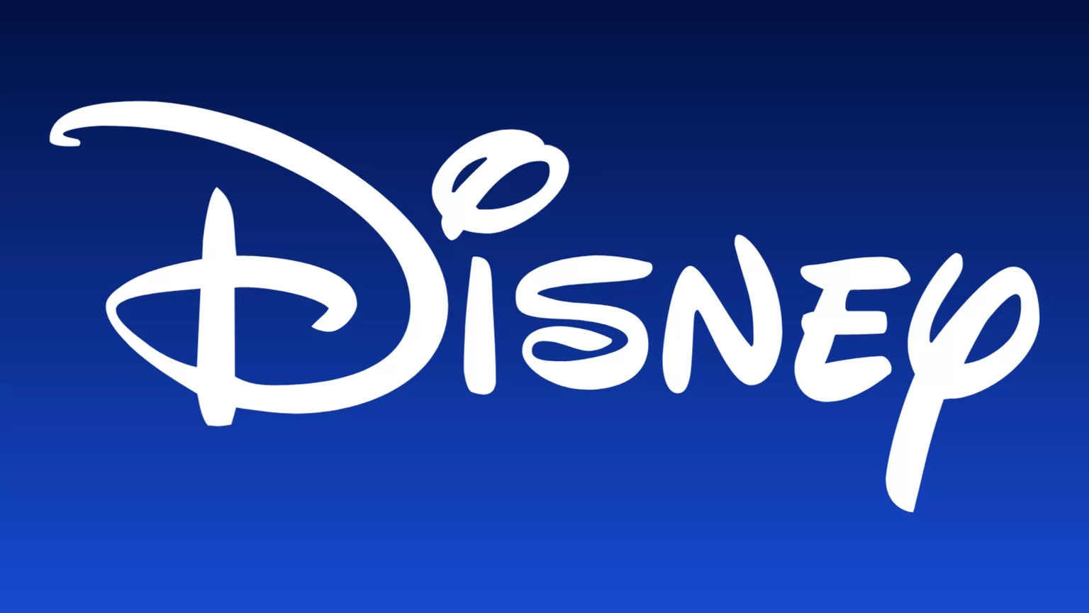 The word Disney in the flowing white signature style lettering with the tall looped D, on a royal blue gradient