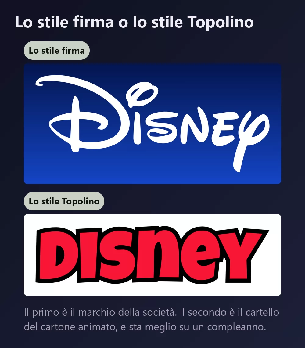 Lo stesso nome mostrato due volte, prima nel corsivo firma bianco e fluido su blu reale, poi in maiuscole rosse spesse con contorno nero