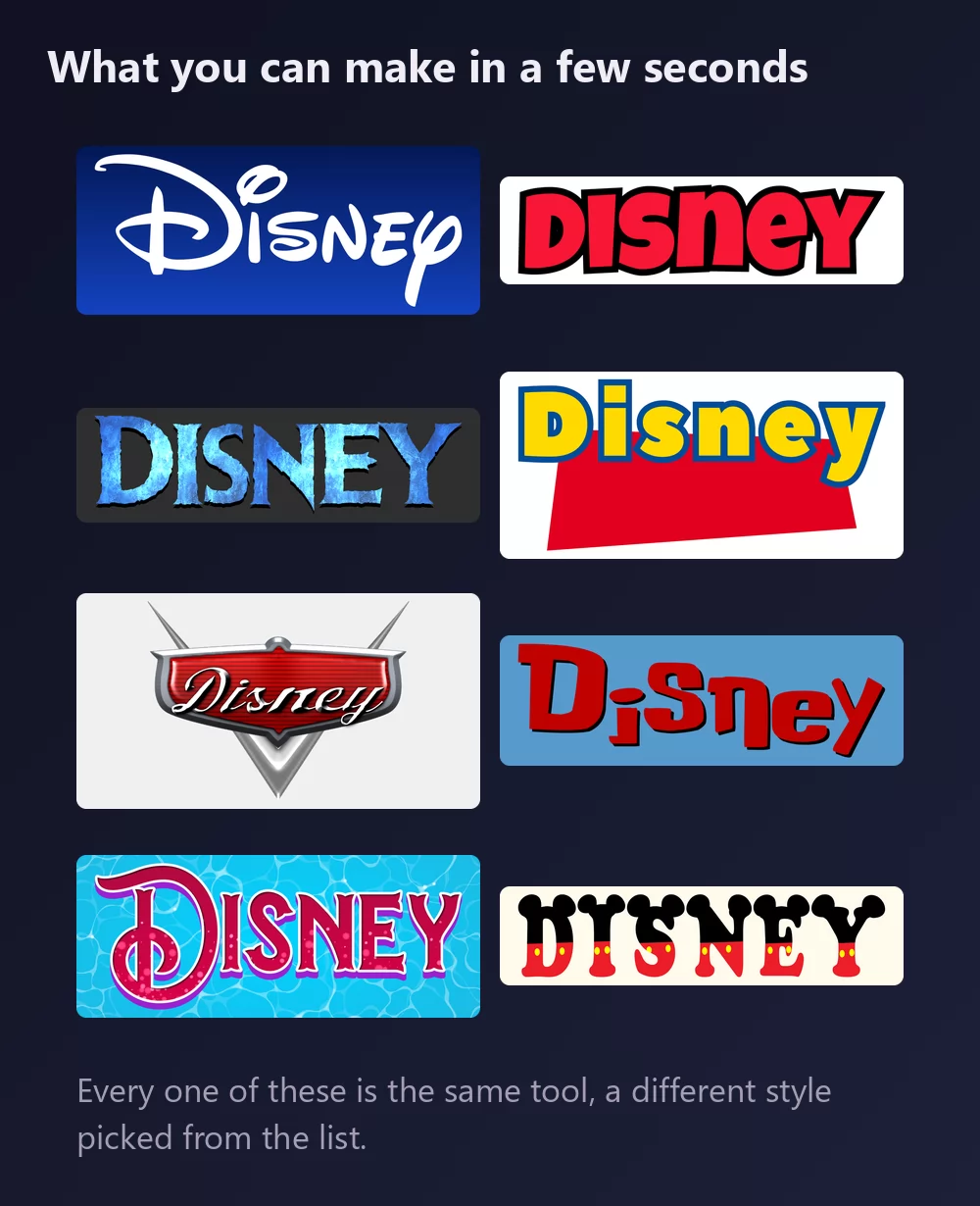 Eight versions of the word Disney in Disney lettering: the white signature script on blue, chunky red Mickey capitals, icy blue Frozen letters, yellow Toy Story letters over a red block, a chrome Cars badge, hand-drawn red Stitch letters, an ornate purple Little Mermaid title over water, and letters wearing Mickey's ears and red shorts