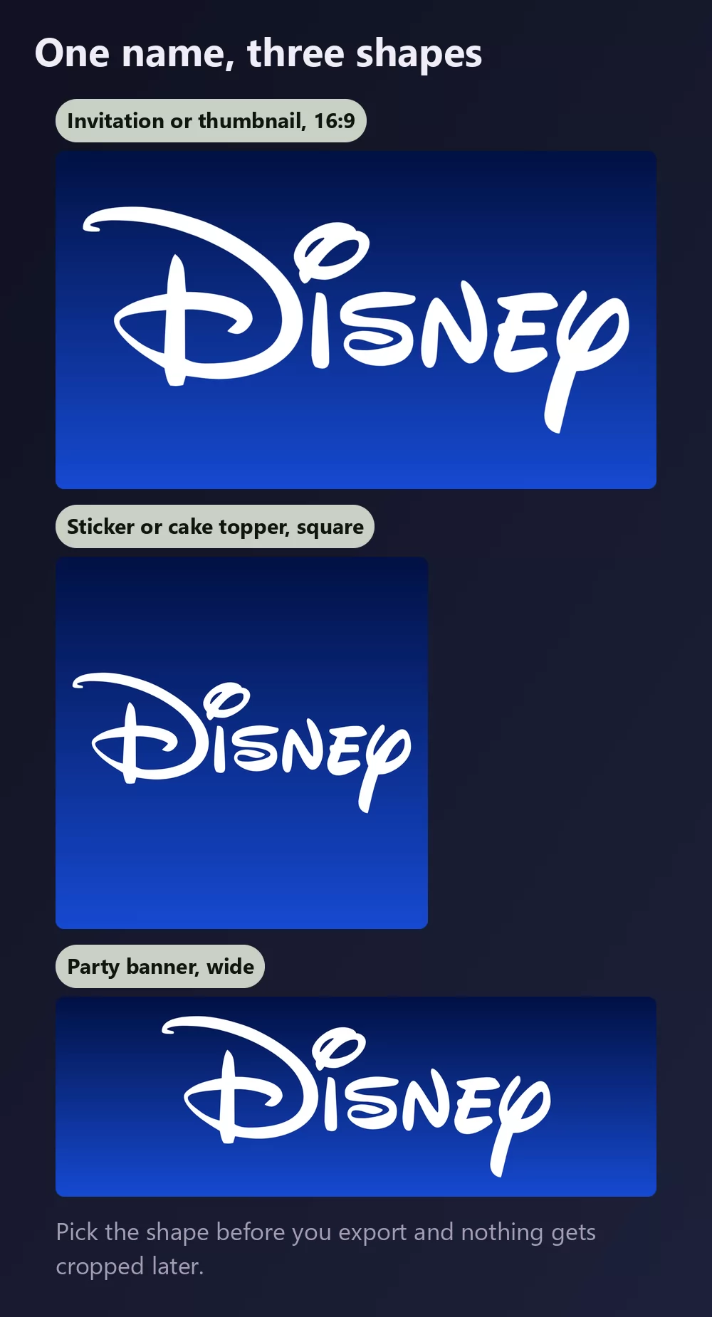 The same name exported three ways: a wide 16 by 9 invitation, a square sticker or cake topper, and a wide narrow party banner