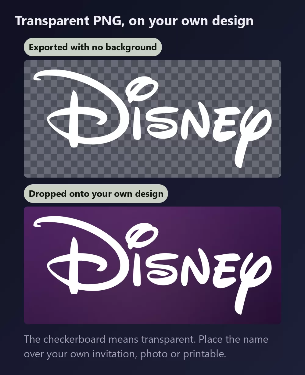 The same signature lettering shown twice, first on a checkerboard meaning a transparent background, then placed on a deep plum background